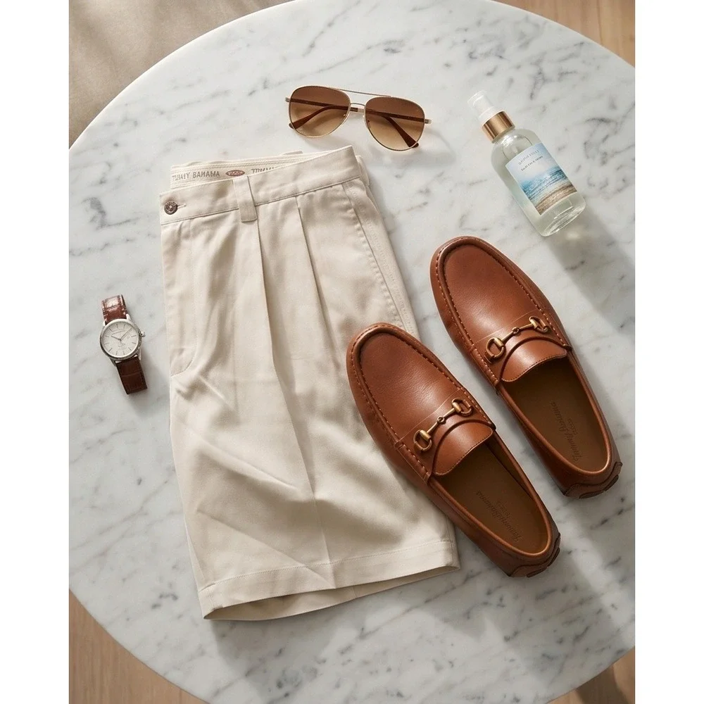 Tommy‎ Bahama Relax Mens 36 Pleated 100% Silk Shorts Cream Khaki Casual Tropical